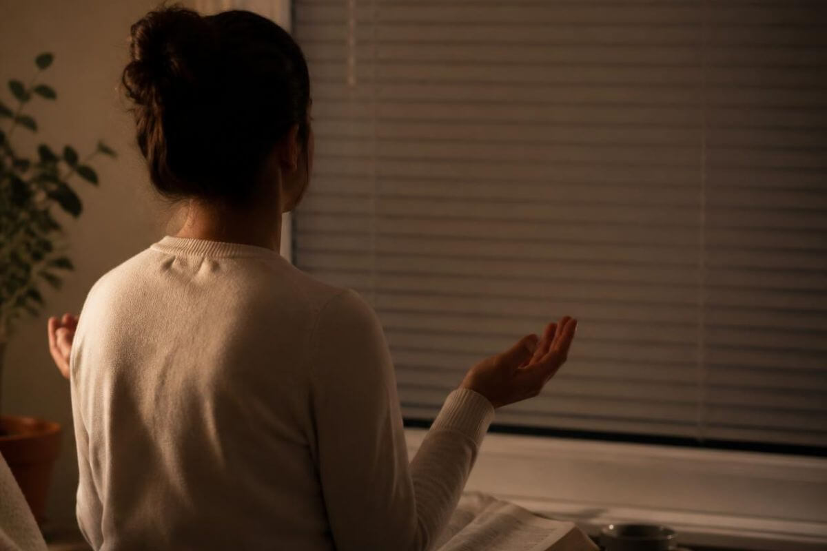 Woman and praying and trusting God at night with open hands while reflecting on Bible verses for anxiety at night.