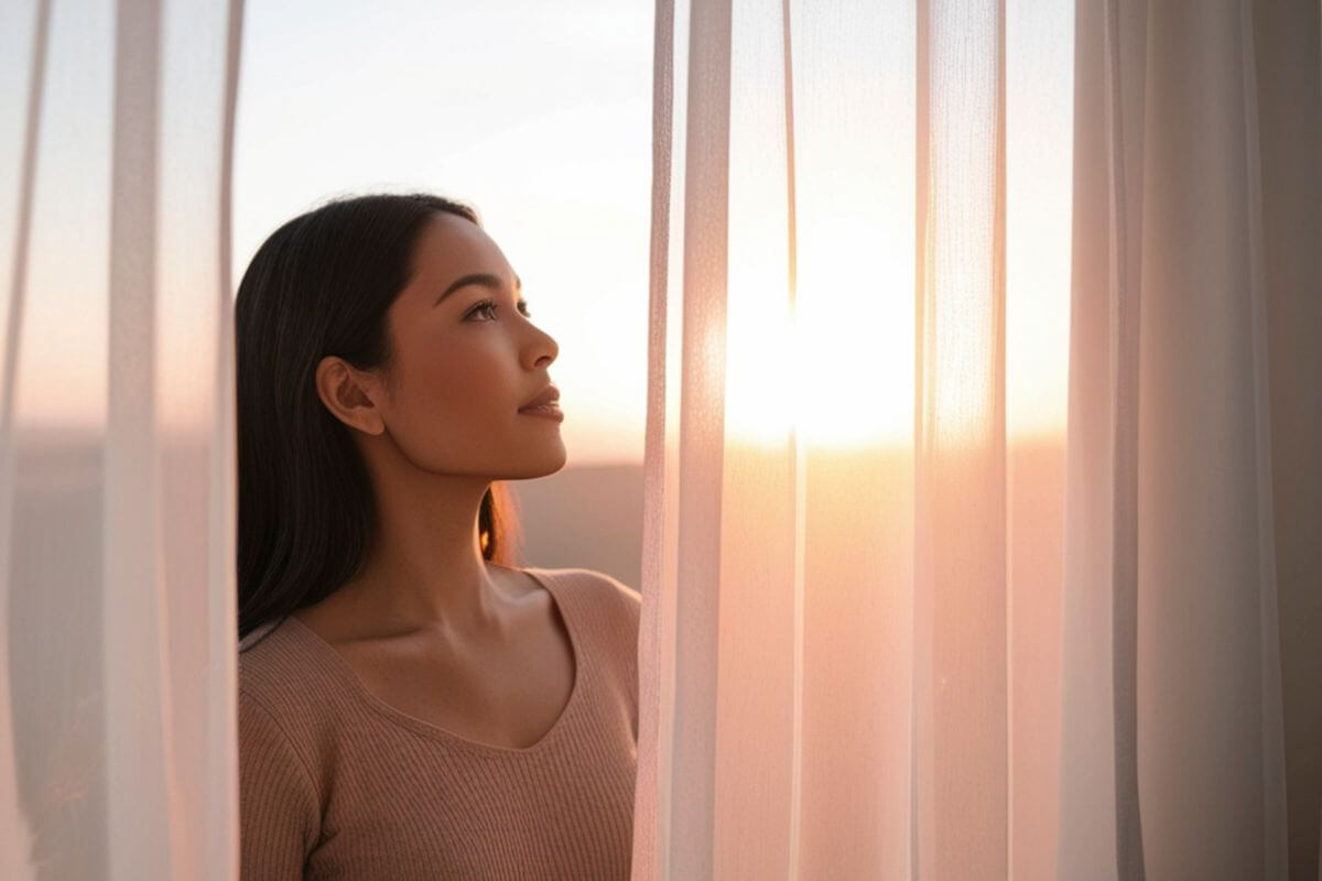 image of woman looking at sunrise through a window, symbolizing hope and peace after anxiety at night.
