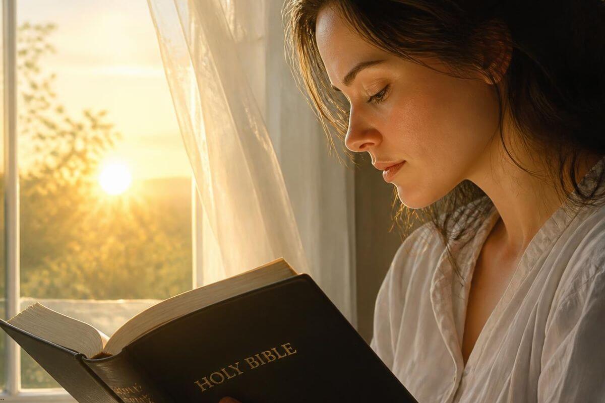 Woman reading her Bible by a window at sunrise as she learns to trust God with the future through Scripture.