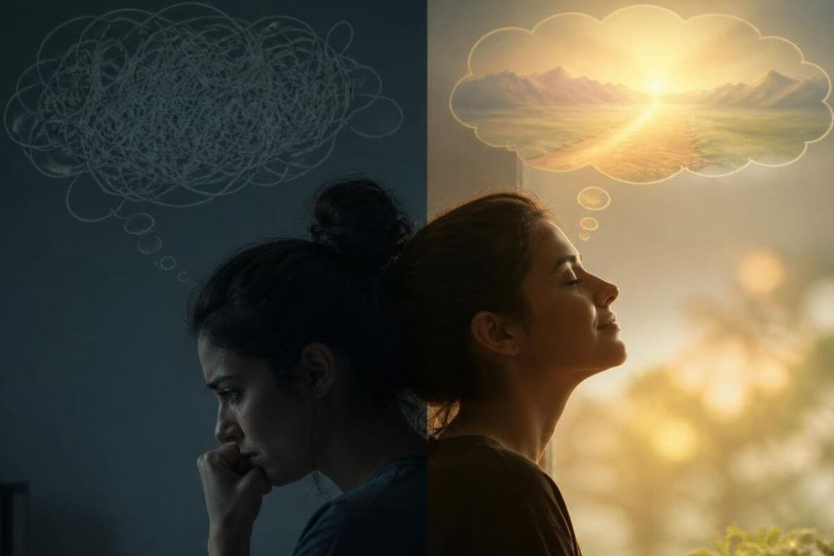 A woman moves from anxious, repetitive thoughts to peaceful confidence as she chooses trust over endless overthinking.