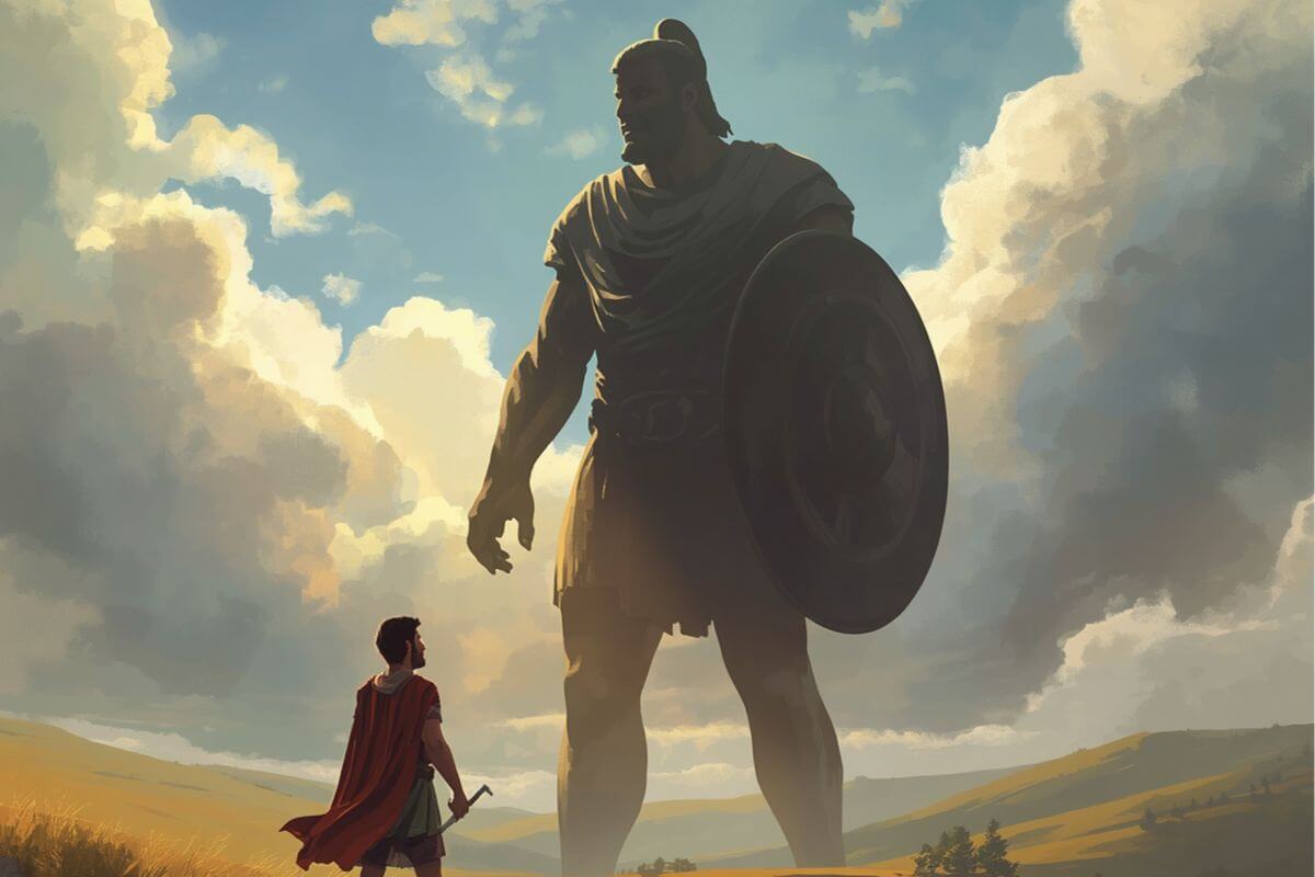 An illustration of David standing before Goliath, symbolizing courage, faith, and trusting God even when circumstances seem impossible.