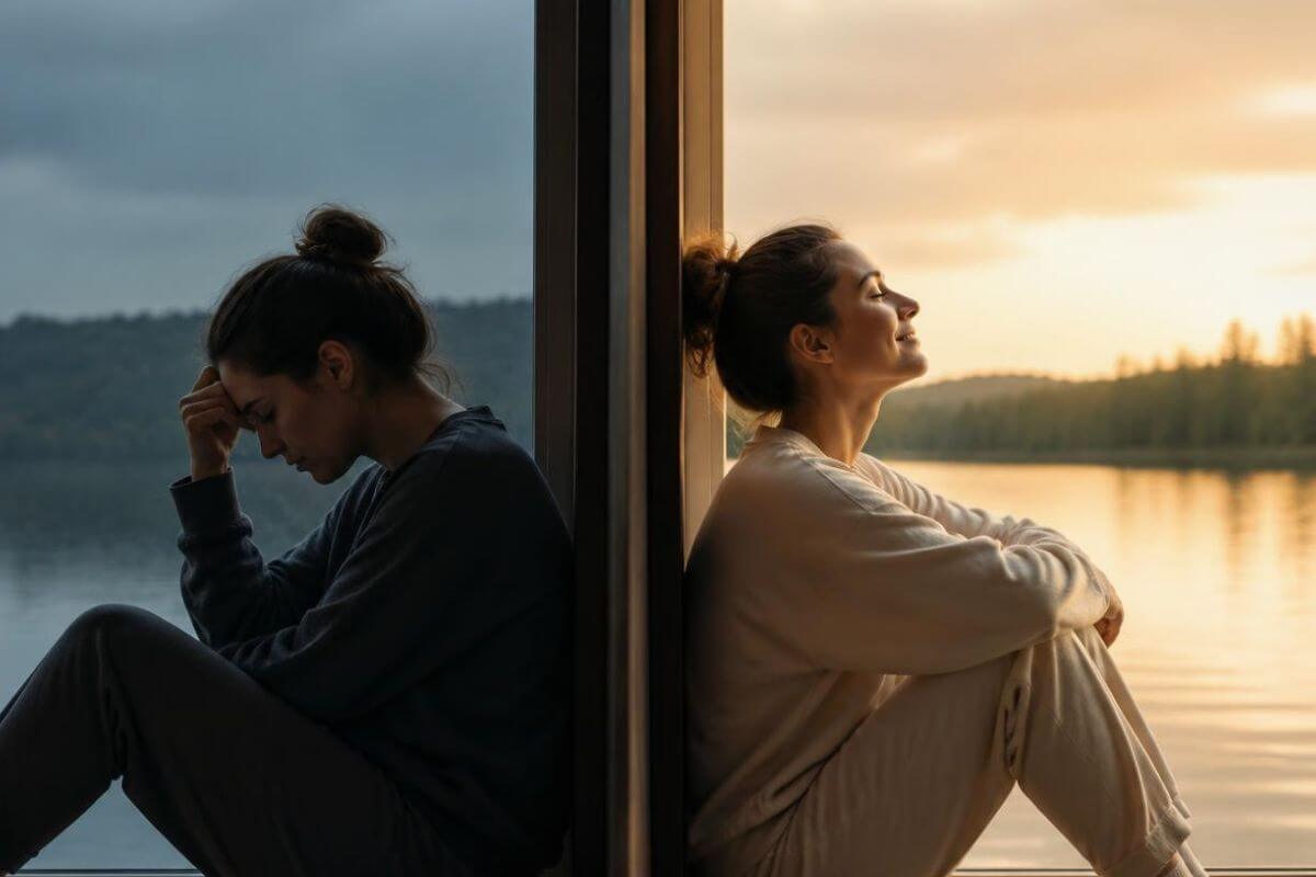 Symbolic image of a woman transitioning from worry and mental exhaustion to peace and trust in God