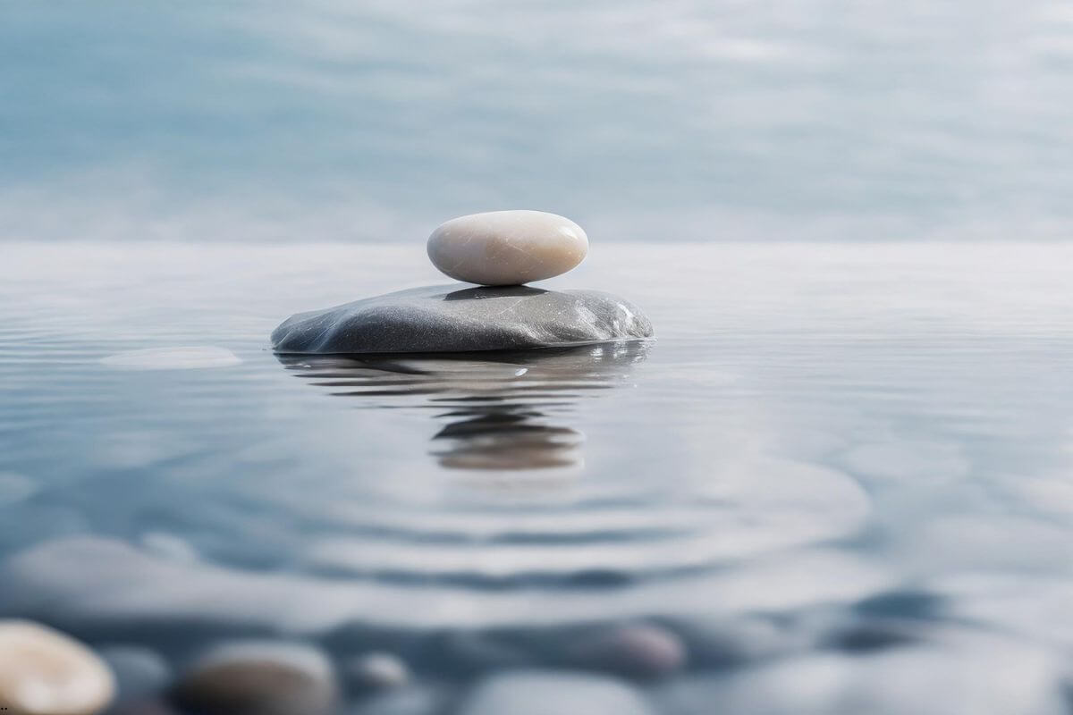 A smooth stone resting peacefully on a rock in calm water, symbolizing God's peace and rest