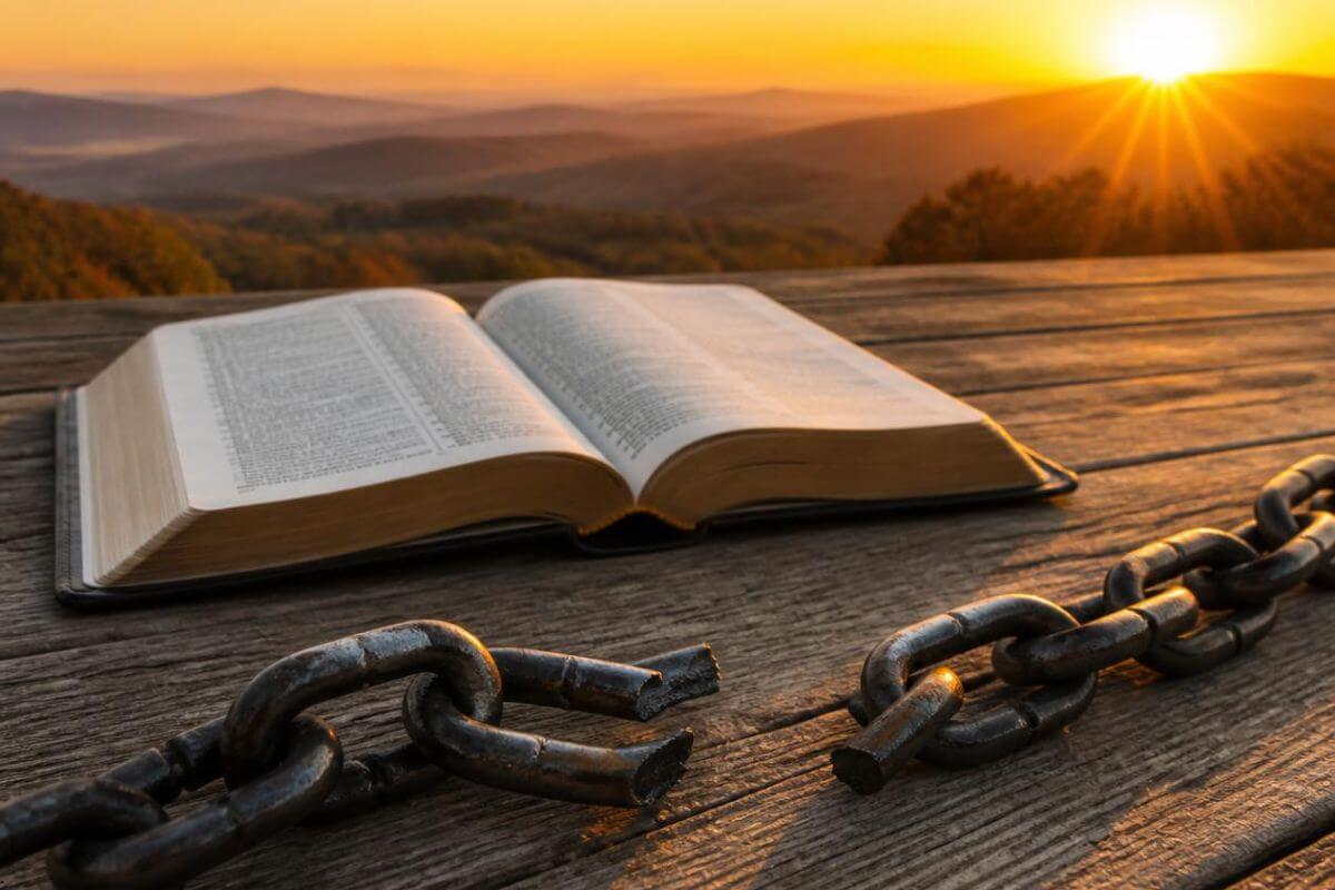 Open Bible beside broken chains at sunrise, symbolizing how to stop overthinking through God's Word and find freedom from anxious thoughts.