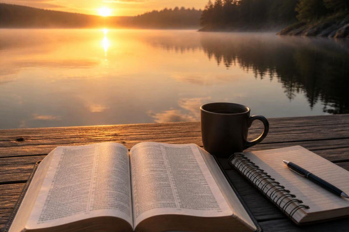 How to stop overthinking by feeding your mind with God's Word through Bible reading, prayer, and quiet reflection beside a peaceful lake.