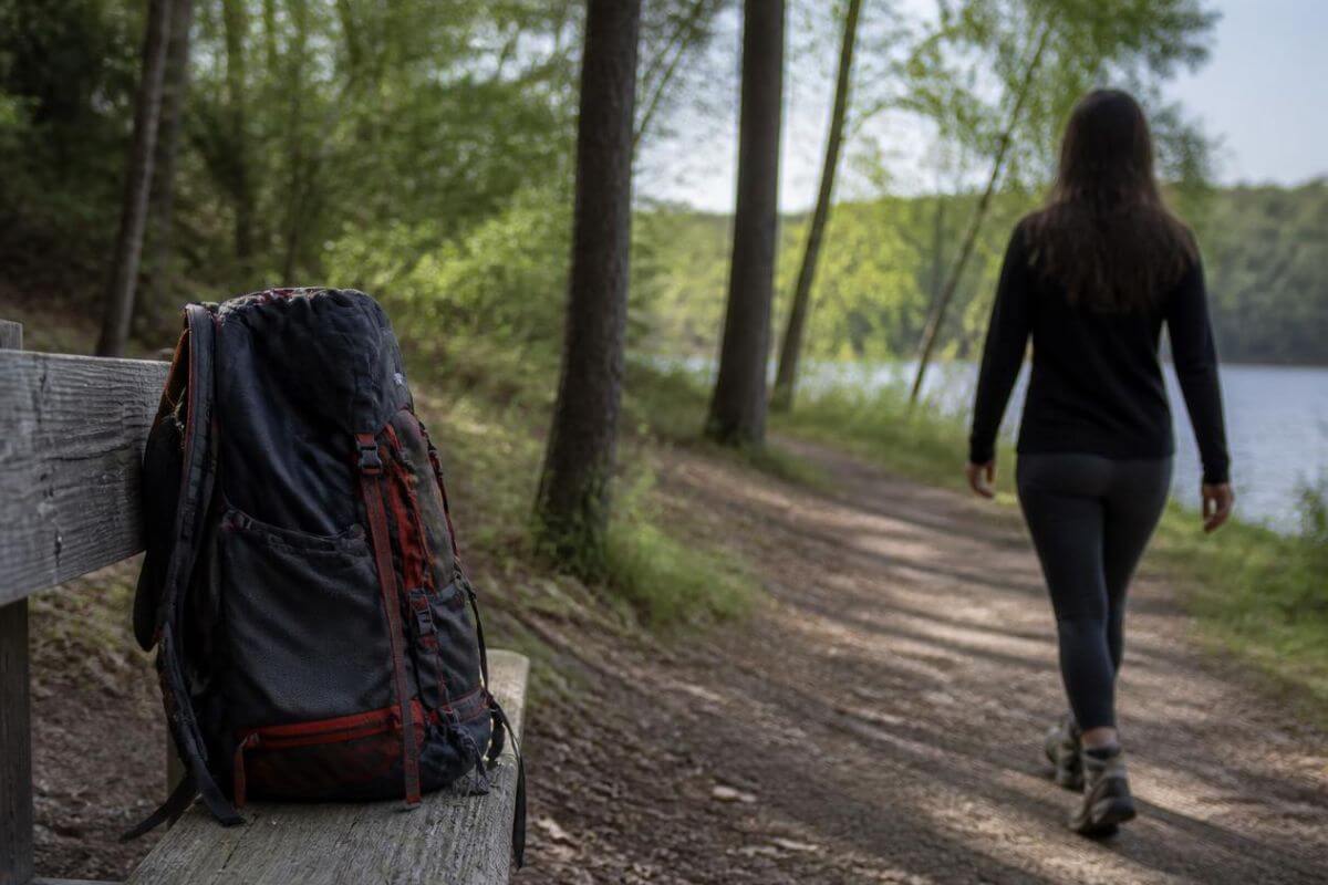 A backpack left on a wooden bench while a woman walks peacefully along a forest path, symbolizing surrender, trust, and moving forward without carrying unnecessary burdens.