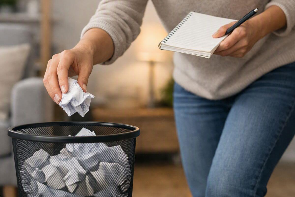 Person throwing away a crumpled paper while holding a notebook, symbolizing rejecting unhelpful thoughts instead of agreeing with them.
