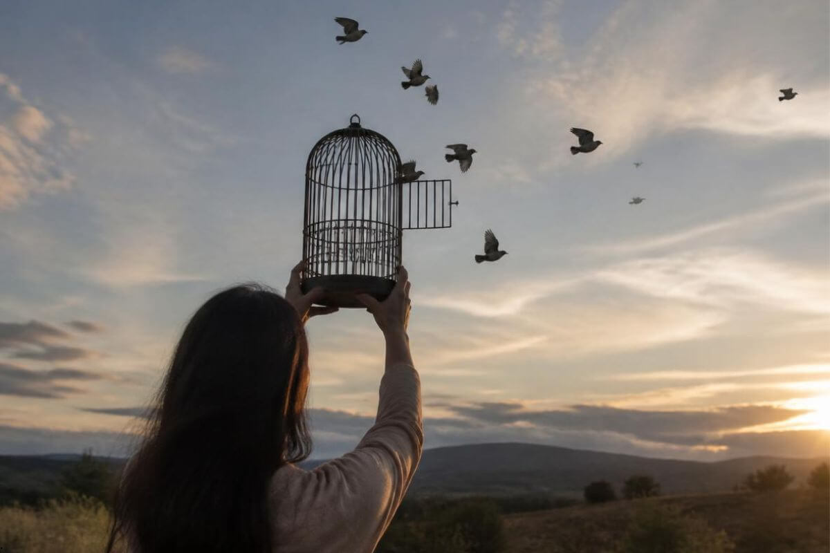 Woman opening a birdcage at sunset as birds fly free, symbolizing releasing burdens into God's hands, where they truly belong.