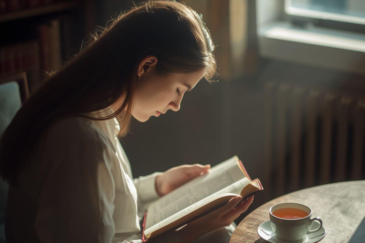 A woman reading an open Bible beside a window, finding hope and comfort through Bible verses for fear and God's faithful promises.