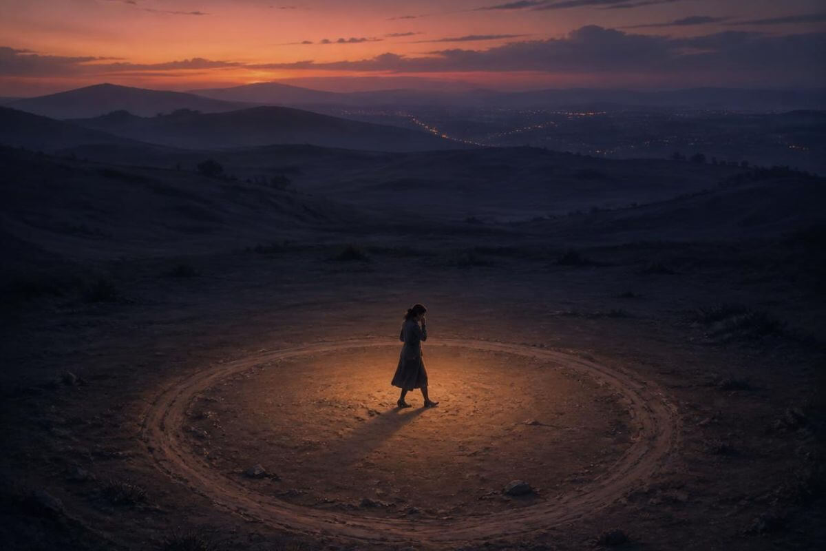 Person walking inside a circle at sunset, representing how overthinking never leads anywhere