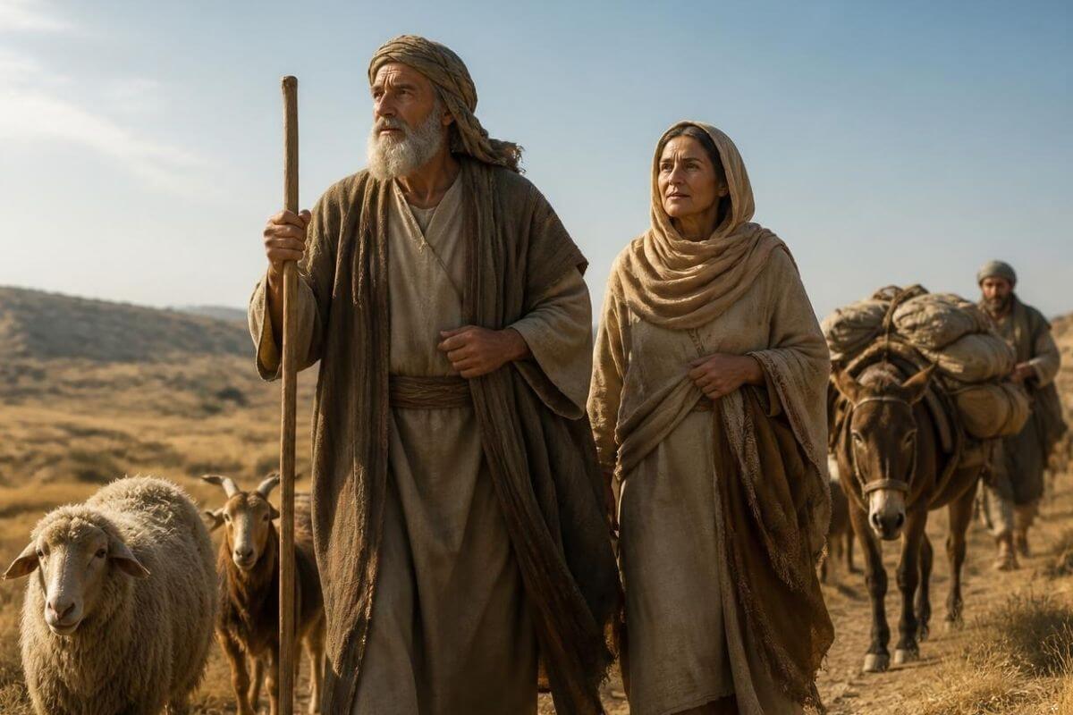 Abraham and Sarah traveling with their household after God called Abraham to go, illustrating trusting God with the future.