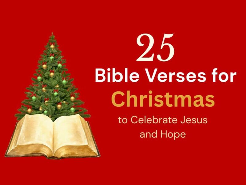 Red background with a Christmas tree and open Bible with text that reads: 25 Bible verses for Christmas to celebrate Jesus and the hope He brings