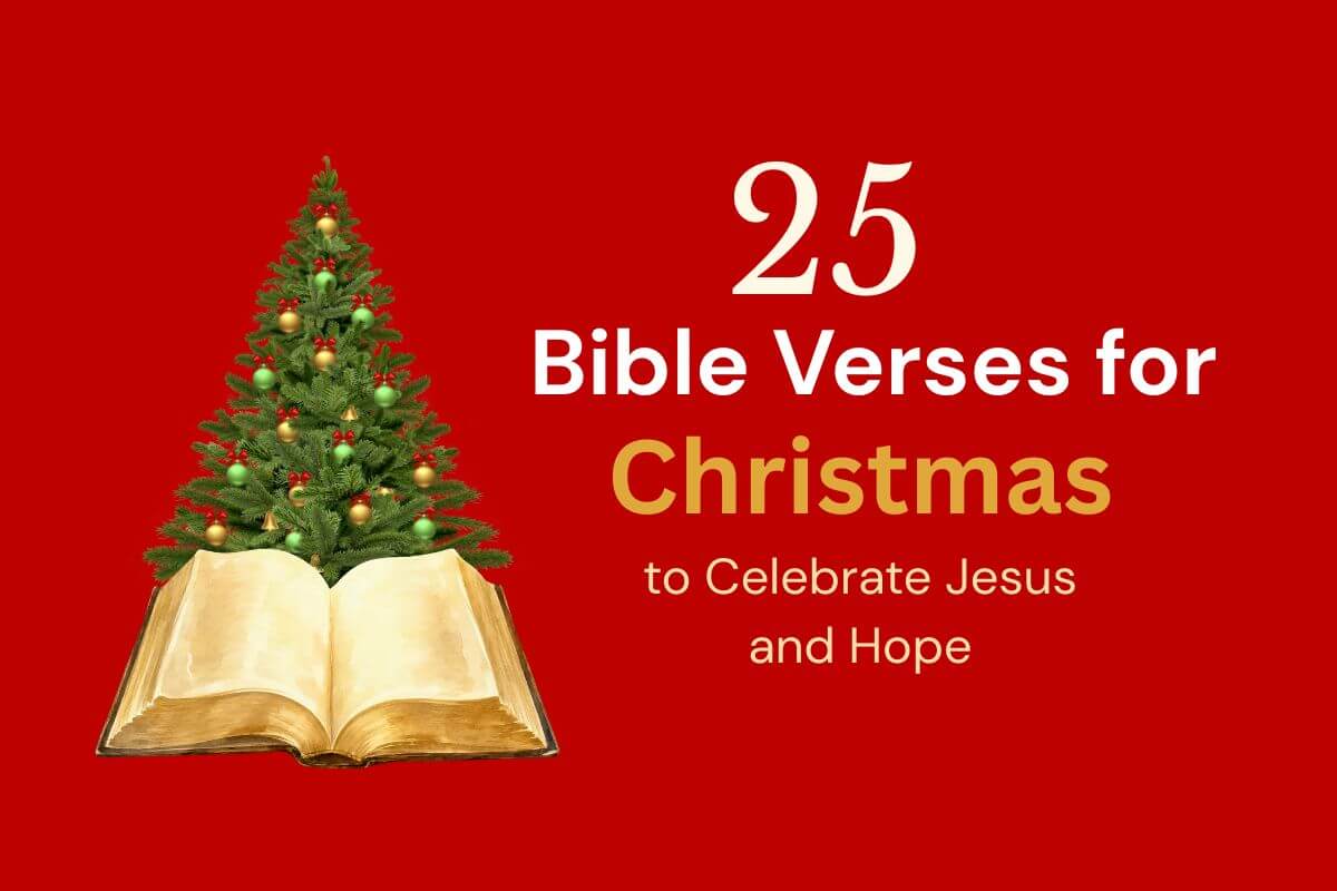 Red background with a Christmas tree and open Bible with text that reads: 25 Bible verses for Christmas to celebrate Jesus and the hope He brings