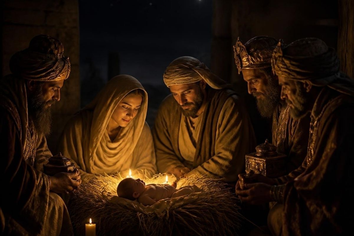 Mary and Joseph sit beside the newborn Jesus lying in a manger, surrounded by three wise men offering gifts. Candlelight softly illuminates their faces, symbolizing reverence and divine peace — a reminder of who Jesus is, echoing Isaiah 9:6: “For unto us a Child is born.”