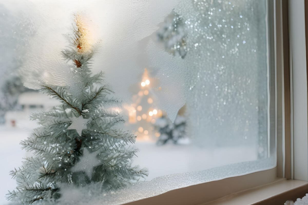 Frosted window overlooking a softly lit Christmas tree